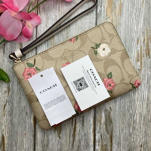 Coach Corner Zip Wristlet In Signature Canvas With Floral Print Wallet Bag Purse - Picture 6 of 10